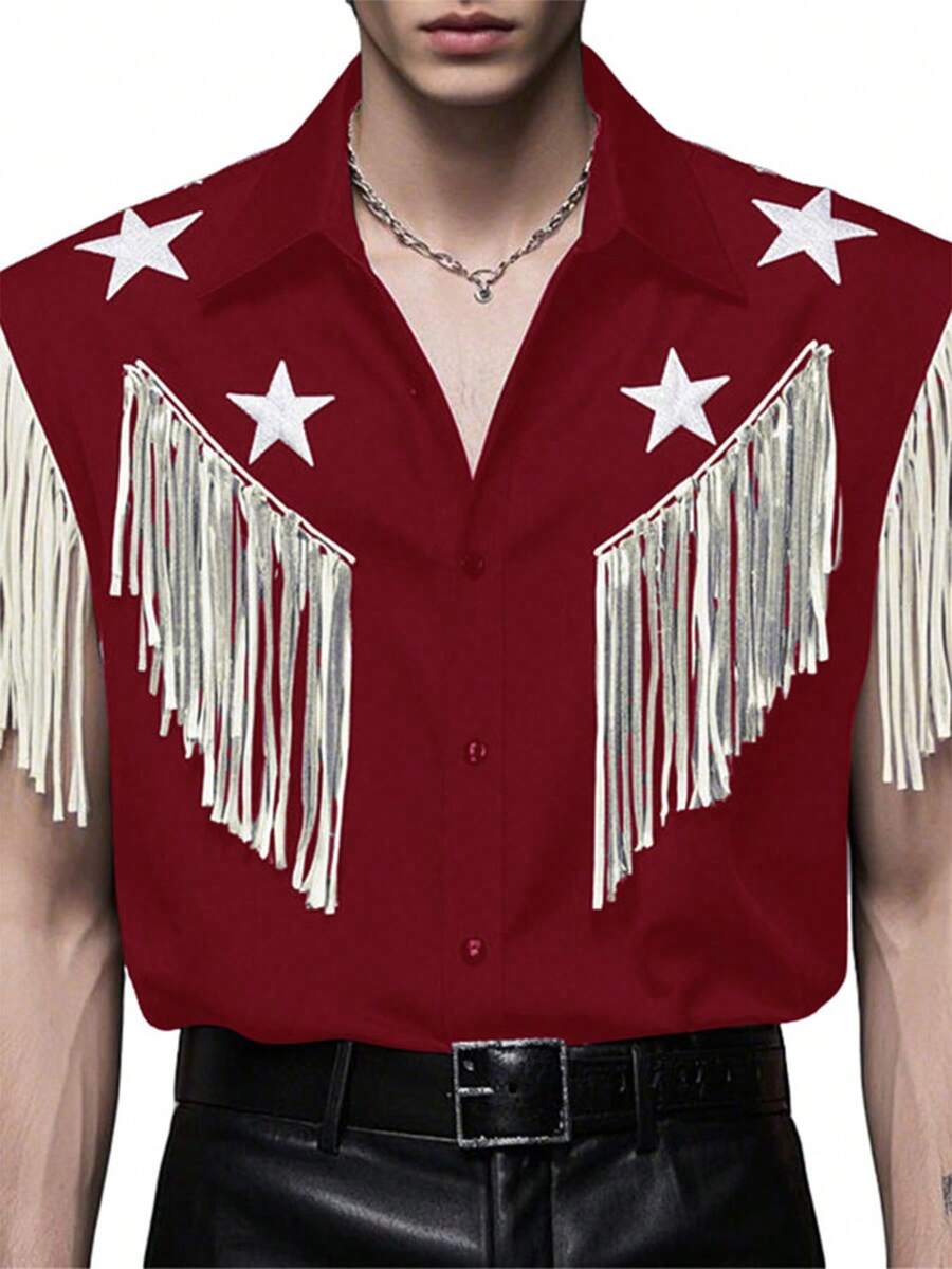 INCERUN Men Button Sleeveless Star Tassels Patchwork Holiday Shirt Casual Loose Tops Gothic Punk Summer Blouse - Red - View 1