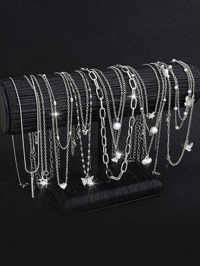 13 件/3 件简约心形、蝴蝶、星星、月亮和条纹仿珍珠和水钻项链套装，适合女士，适合约会、度假和日常佩戴（珍珠数量随机）