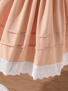 小女孩优雅公主风白色连衣裙，蝴蝶结装饰，蓬松泡泡袖设计，适合生日派对、节日、摄影，适合4-7岁，春夏季 - 杏色 - 查看 6