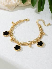 1 件夏日假期优雅黑色金属花朵和三叶草吊坠多层脚链，适合节日、派对、约会、礼物、日常佩戴（无礼盒） - 黑色 - 查看 4