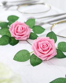 25Pcs Artificial Roses Flowers Fake Roses With Stems Real Touch Foam Flowers For DIY Wedding Bouquet Baby Shower Centerpiece Floral Arrangement Party Home Decor(Dark Red) - Pink - View 10