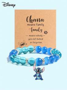 Disney 1 Disney  Bracelet, Blue And Purple Cat's Eye Beads, Stitch And Angie Cartoon Pattern, Crystal Elastic Bracelet Children's Gift Bracelet, Valentine's Day Gift