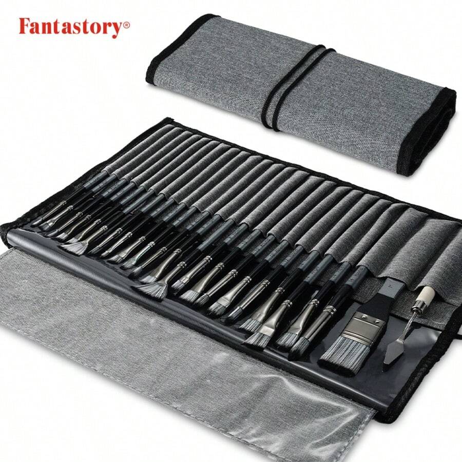 24pcs Paint Brush Set, Fuumuui Acrylic Paint Brushes, Professional Artist Series With Wide Flat, Filbert, Fan, Cat Tongue, Round, Angle, Rigger For Oil, Acrylic Canvas Paintings, Face Painting - Sets - View 1