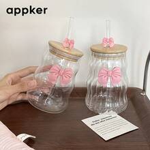 1/2 500毫升优雅磨砂玻璃杯，带盖和吸管，波浪形设计，可重复使用，家居装饰，非常适合盛装牛奶和咖啡 - 情人节和斋月的理想之选 - 光面風格 - 查看 3