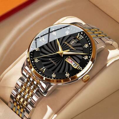  男士手表礼物 真品品牌 POEDAGAR（原装）50防水手表 周历双显手表 金线316不锈钢 时尚商务夜光钻石刻度手表 日本石英机芯 精准计时 父亲节 男士生日 考试 返校必备