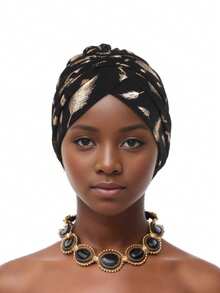 1pc Feather Foil Print Turban Hat, Cap, Chemo Cap, Conceals Gray Hair, Headwear Hair Sleep Cap - Feather Hot Stamping - View 19