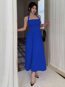 abyoxi Red Color Sexy Halter Neck Backless A-Line Midi Elegant Party Dress With Waist Design For Wedding Dating Dress Evening Party Festival Hot Girl Young Hot Style Spring And Summer New Women's Clothing