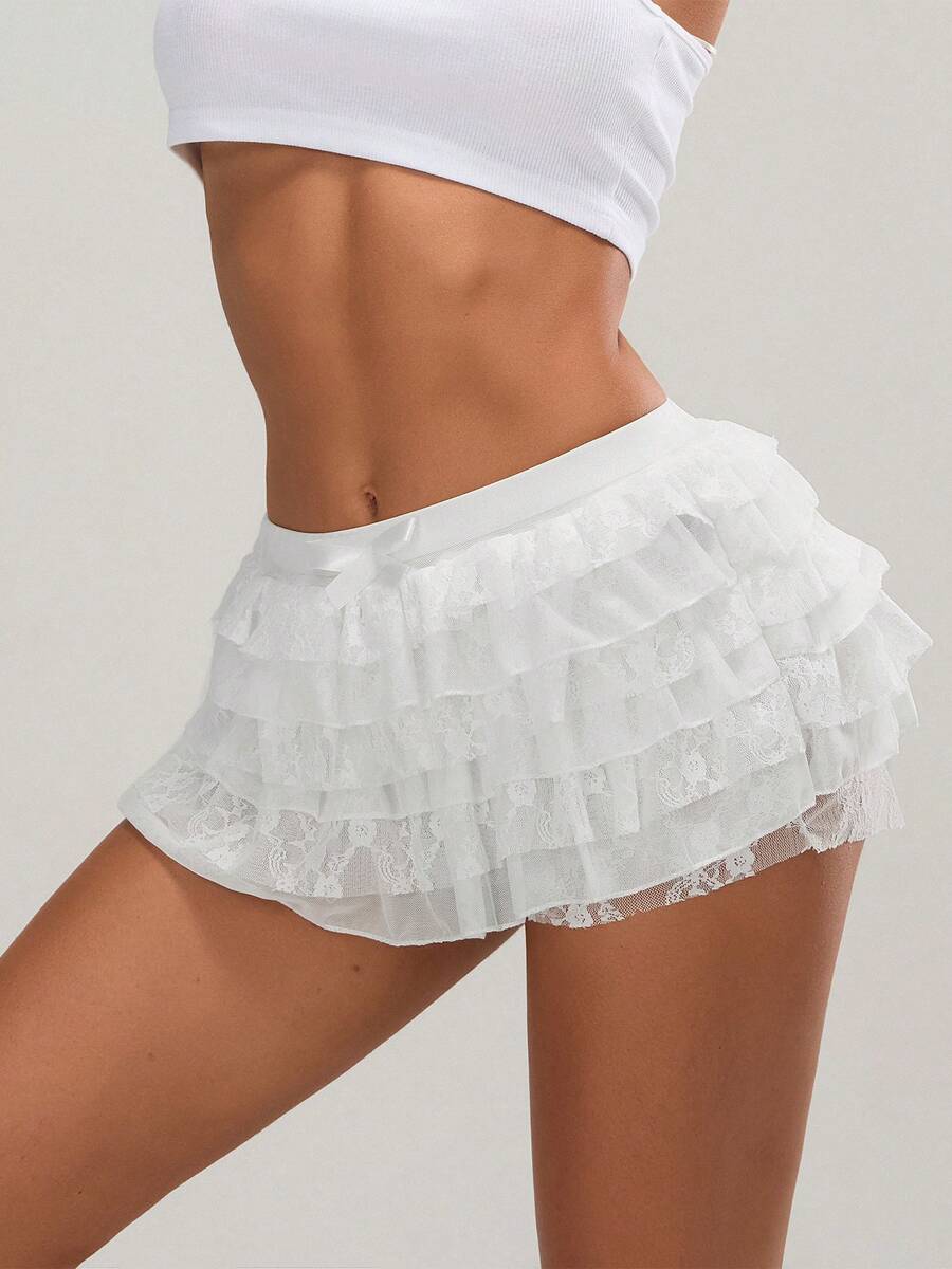 Womens Layered Ruffle Shorts Casual Elastic Waist Bow Front Solid Color Lace Shorts Going Out Pants - trắng - Xem 1