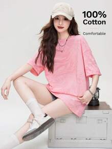 New Loose Fit Light Pink Water Color Painting Print T-Shirt, Fashionable Casual Women Tees