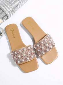 Women's Slide Sandals With Rhinestone Decor, Casual Versatile Outdoor Flat Plastic Slippers