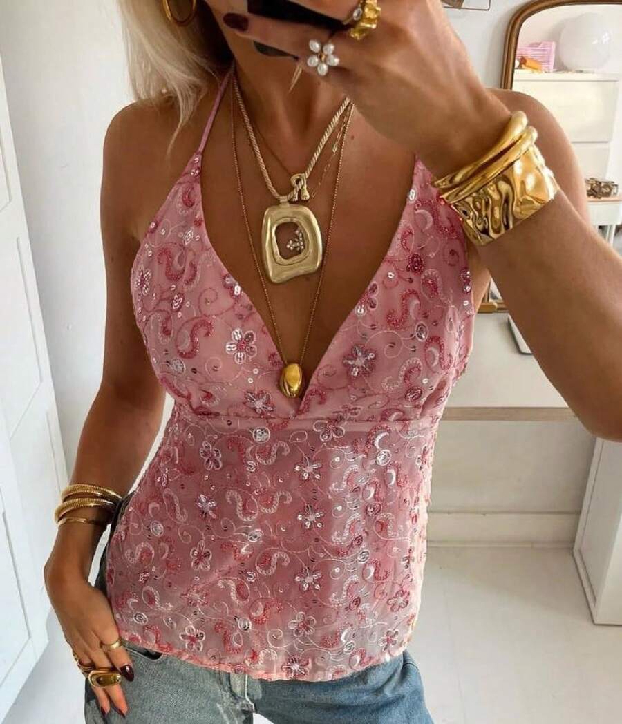 Womens Sparkle Sequin Top Sheer Mesh Shimmer Glitter Blouse Twist Front V Neck Cap Sleeve Club Party Shirt - 粉色 - 查看 1