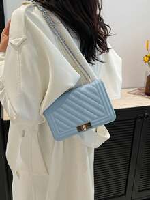 时尚新款纯色PU压花迷你单肩包街头通勤斜挎包简约女士链条小方形手提包 - 淺藍色 - 查看 4