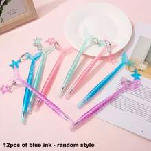 Set de 12 piezas/5 piezas/1 pieza de bolígrafos de gel con purpurina con cola de sirena y colgante de estrella de mar, Body ovalado de plástico, tapa de presión, punta media, tinta negra de 0,5 mm, apto para adultos y vuelta al colegio