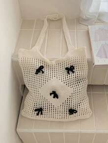 可爱蝴蝶结图案钩针单肩包镂空腋下包网眼假日旅行手提包夏季沙滩手提包女士蝴蝶结针织单肩包沙滩包镂空购物手提包钩针腋下袋女士旅行包 - 彩色 - 查看 5