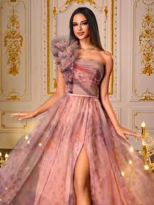 SHEIN X Hannahelzahed VIPGIRL SHEINXHannah sinnlicher einschwriger Farbverlauf Blumen Abendkleid für Frauen, Tüll Ballkleid mit Rüschendetails und hohem Schlitz, elegantes bedrucktes Abendkleid, Farbverlauf Mesh Formelles Kleid, Frauen Formelle & Abendkleider, Partykleid, Brautgast - Verschiedenfarbig - Übersicht 8