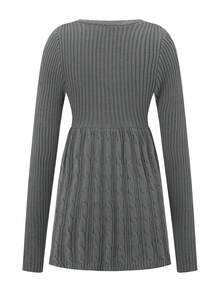 Women's Cable Knit Tops Long Sleeve Square Neck Solid Color Loose Fit T-Shirts Sweaters - Dark Grey - View 3