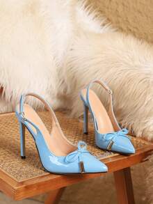 时尚蝴蝶结金属扣装饰尖头细高跟休闲百搭浅蓝色女士高跟鞋，优雅高贵，女士浅口鞋，高贵典雅 - 淺藍色 - 查看 8