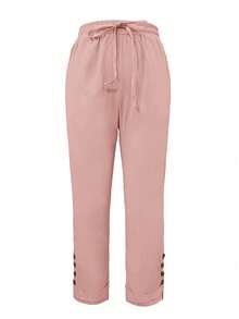 Solid Color Casual Drawstring Waist Cone Pants With Oblique Pockets & Button Decor, Everyday Casual - Pink - View 2