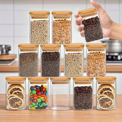 4/6/12pcs Rectangle Glass Storage Containers With Lids, Bamboo Lid Glass Jars, Clear Food Canister, Glass Food Storage Jars With Bamboo Lids, Kitchen Spice Holder Glass Containers For Sugar, Coffee, Tea, Nuts, Oats, Suitable As Gifts For Friends And Family