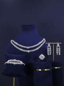 Set de 5 bijuterii de mireasă în stil regal de lux, include colier, brățară, cercei, inel, lucrat manual cu design de ciucuri cu frunze stratificate și zirconiu cubic, potrivit pentru purtare zilnică și nuntă, cadou de aniversare a nunții (ambalaj în cutie cadou) inclus