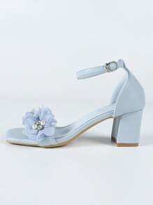Sandalias con tacón grueso, adornadas con flores y rhinestones, estilo elegante para fiestas, para bodas y banquetes, tacones altos de satén blanco