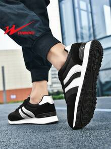 STARNOVO 男士休闲运动鞋，复古系带运动鞋，网球鞋，皮革与针织网布拼接设计，透气舒适，适合夏季度假，男士休闲运动鞋，春秋季另有全皮款可选 - 黑色 - 查看 4