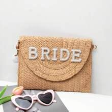 1pc Customized Simple Versatile Handwoven Hollow Straw Tote Bag, Suitable For Beach Holiday Shoulder Bag
