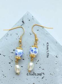 2 piezas de Elegantes pendientes de mujer de cuentas de cristal con borlas, estilo chino de porcelana azul y blanco con flores, multicolor, apropiados para fiestas, banquetes y uso diario