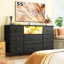EnHomee Black Dresser TV Stand For 55'' With LED Lights & Charging Station, Dresser For Bedroom With 8 Drawer, Chest Of Drawers With Open Shelves, 6 Adjustable Feet, Hallway, Entryway, Closet