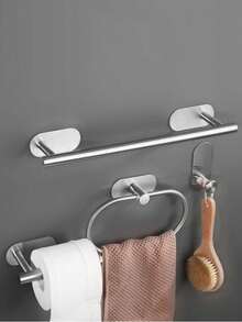 4pcs Stainless Steel Towel Ring Set, Towel Bar, Bathroom Towel Rack, Toilet Paper Holder, Suitable For Home & Bathroom