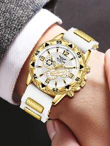 1pc Men's White Silicone Strap Fashionable, Casual, Retro, Business Round Dial Quartz Watch For Daily Wear Or Holiday Gifts - White - View 4