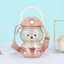 1000ml Cute Bear Water Bottle With Lock Lid & Strap - Leakproof PC Travel Cup For Kids & Adults - Cartoon Tumbler For School, Gym, Outdoor