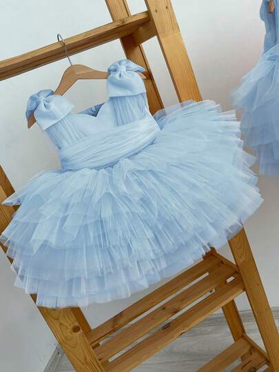 Baby Girls Blue Christmas 3D Bow Tulle Sleeveless Princess Cake Dress, Elegant Party Dress For Birthday, Wedding, Formal Occasions, All Season