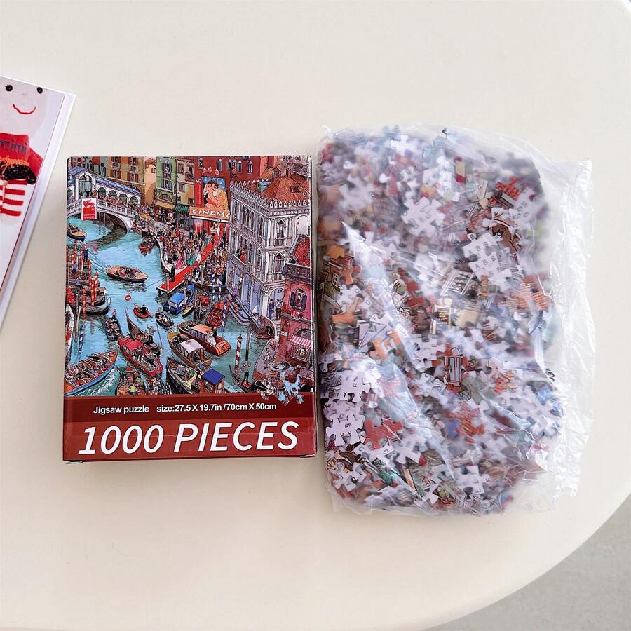 1 盒 1000 片拼图，拥挤的运河主题，尺寸 70 厘米 * 50 厘米，油画风格风景卡通设计，适合成人缓解压力、艺术装饰、万圣节、圣诞节、情人节礼物
