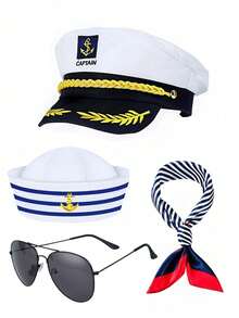 Adjustable Black & White Sailor Cap, Striped Skipper Cap, Striped Scarf, Black Aviator Sunglasses, Unisex Navy Style Costume Accessories, Suitable For Party, Stage Performance, Nurse Cap, Beret, Valentine's Day, Halloween Halloween Decor - Multicolor - View 12