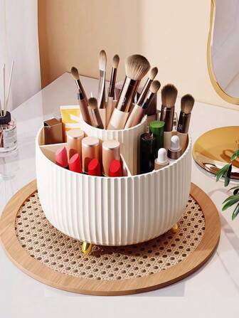 360° Rotating Makeup Organiser, Spinning Makeup Brush Holder With Anti-Slip Mat, Make Up Storage 5 Compartments For Skincare Perfumes Cosmetics Bathroom Bedroom Stationery Storage (White)