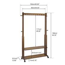 UNHO Perchero de Bambú: Riel de Madera para Colgar Ropa Perchero Rodante Armario Abierto con Estantes de Almacenamiento Para la Entrada del Dormitorio - Café integral - Ver 4
