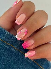 Instantly Enhances Your Charm 24pcs Press On Nails Medium Modern Fashion Fake Nails, White French Border And Pink French Blend, Ins Style 3D Transparent Wavy Line Pattern And 3D Transparent Pink And White Flowers, Sweet And Elegant Nail Art, Beautiful Temperament Fully Covered Fake Nail Set, Suitable For Girls And Women's Daily Wear, Beach Parties And Dances, Press On Fake Nail Supplies