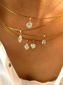 5件套AAAA级锆石吊坠项链，不锈钢链，女士日常佩戴饰品 - 金色 - 查看 1