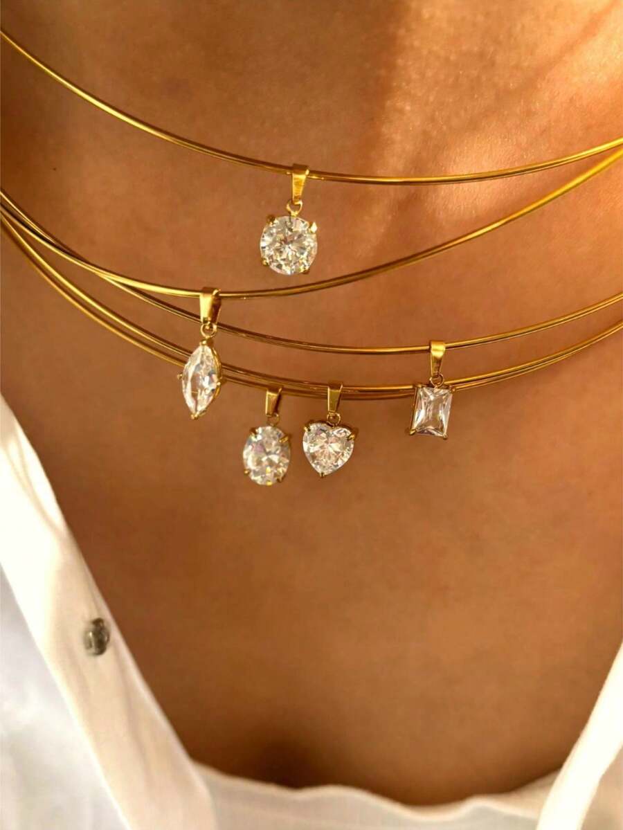 5件套AAAA级锆石吊坠项链，不锈钢链，女士日常佩戴饰品 - 金色 - 查看 1