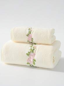 1pc/2pcs Rose Embroidered Coral Fleece Towel, Super Soft Absorbent Skin-Friendly Quick Dry Hand Towel, Outdoor Pool Towel, Blanket, Nap Blanket, Adult Couples Home Daily Use Face Towel, Bath Towel 70*140cm, Face Towel 34*75cm, Or Extra Large Bath Towel 90*170cm, Face Towel 40*80cm Shower Towels For Beaty Salon, Hotel Sports,Home Essentials, Towel, Skin Care