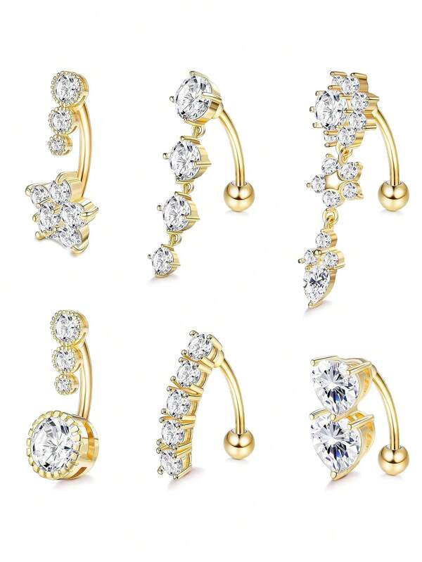 6pcs Sexy Luxury Heart Zirconia Gemstone Navel Piercing Body Jewelry Set For Women