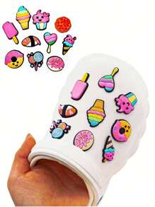 10pcs New Design Detachable Clogs Beach Sandals Accessories Charms, Cute Pink Dessert & Ice Cream Patterns, Clog DIY Decorations School