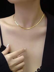 1pc Simple And Versatile Luxury Feel Gold Snake Bone Necklace, Flat Shiny Snake Chain Collar Necklace, Unisex Gift For Women Everyday Casual Wear