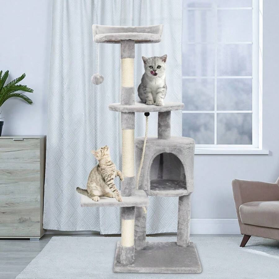 112 Cm Cat Tree Multi-Layer Cat Scratching Post Stable Frame And Comfortable Perch With Cat Toys Cat House For Indoor Cats For Cat Claw Care Leisure Entertainment - Màu Xám nhạt - Xem 1