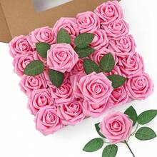 25Pcs Artificial Roses Flowers Fake Roses With Stems Real Touch Foam Flowers For DIY Wedding Bouquet Baby Shower Centerpiece Floral Arrangement Party Home Decor(Dark Red) - Pink - View 6