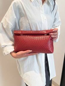 1 chiếc túi xách thời trang màu trơn, chất liệu PU, dung tích lớn, nắp gập có khóa nam châm, hình vuông, họa tiết da cá sấu, túi xách nữ đa năng dùng cho tiệc tùng, buổi tối, phù hợp cho phụ nữ đi du lịch và mua sắm. - Đỏ - Xem 9
