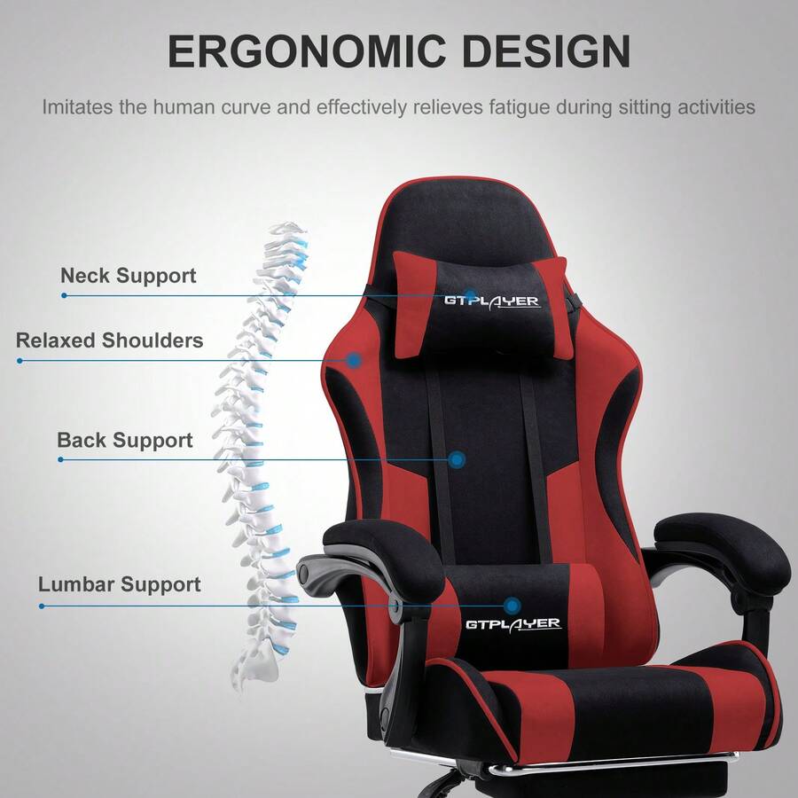 Fabric Gaming Chair, Massage Ergonomic Computer Chair With Footrest, Lumbar Support, Headrest, Height Adjustable Home Office Reclining PC Racing Chairs, Red