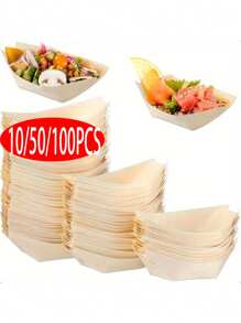 1/10/50/100 Pcs Creative Disposable Wooden Boat Plates, Novelty Wooden Appetizer Boat, Sushi Serving Tray, Snack Plate, Dessert Tableware, Suitable For Dining, Family Holidays, Parties And Various Occasions
