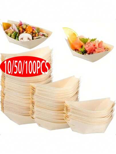 1/10/50/100 piezas de Platos de barco de madera desechables y creativos, noveleras bandejas de madera para aperitivos, servir sushi, platillos para bocadillos y postres, aptos para comidas, días festivos familiares, fiestas y diversas ocasiones